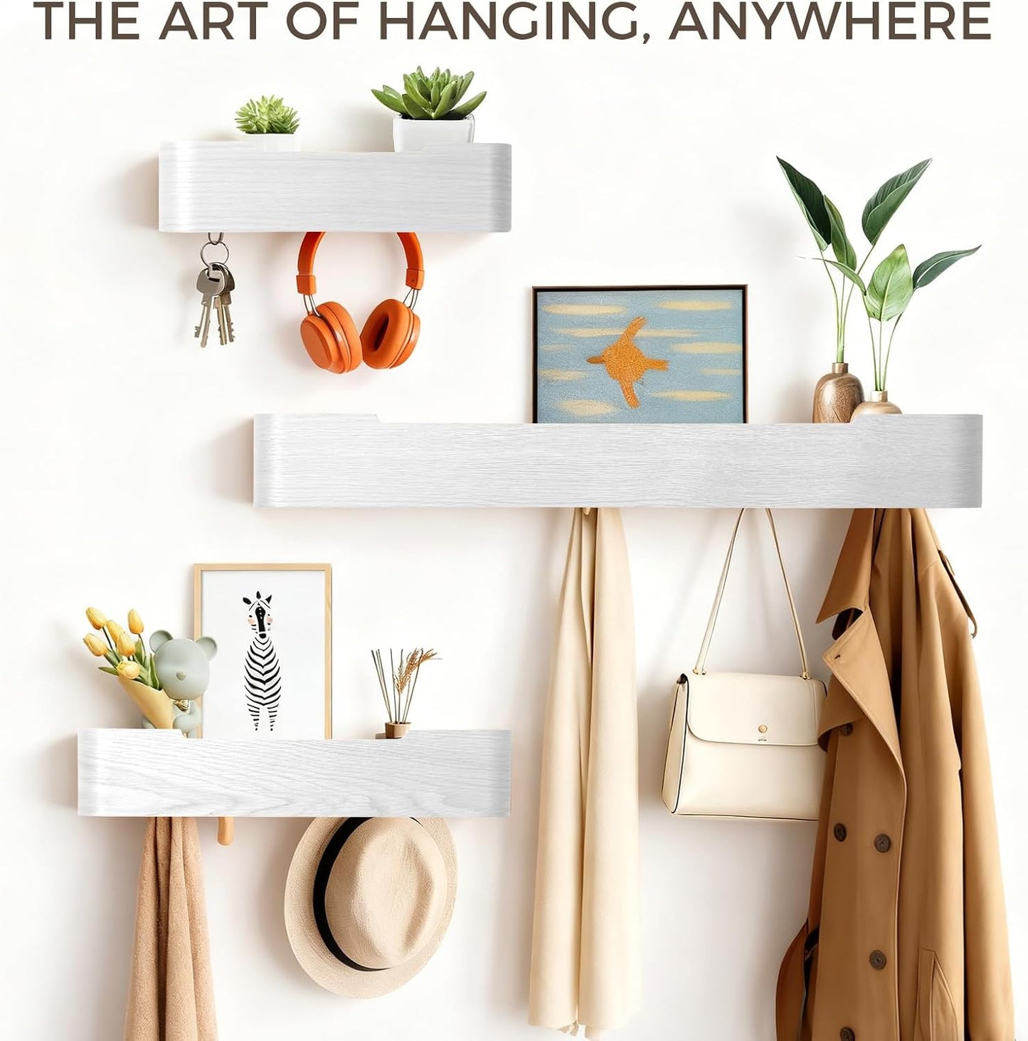 Wall Coat Rack Floating Shelves Modern Coat Rack Wall Mount with Storage Entryway Shelf Wooden Hanger 20 Inch 4 Hidden Metal Hooks for Living Room Bedroom (White, 8 Hooks)