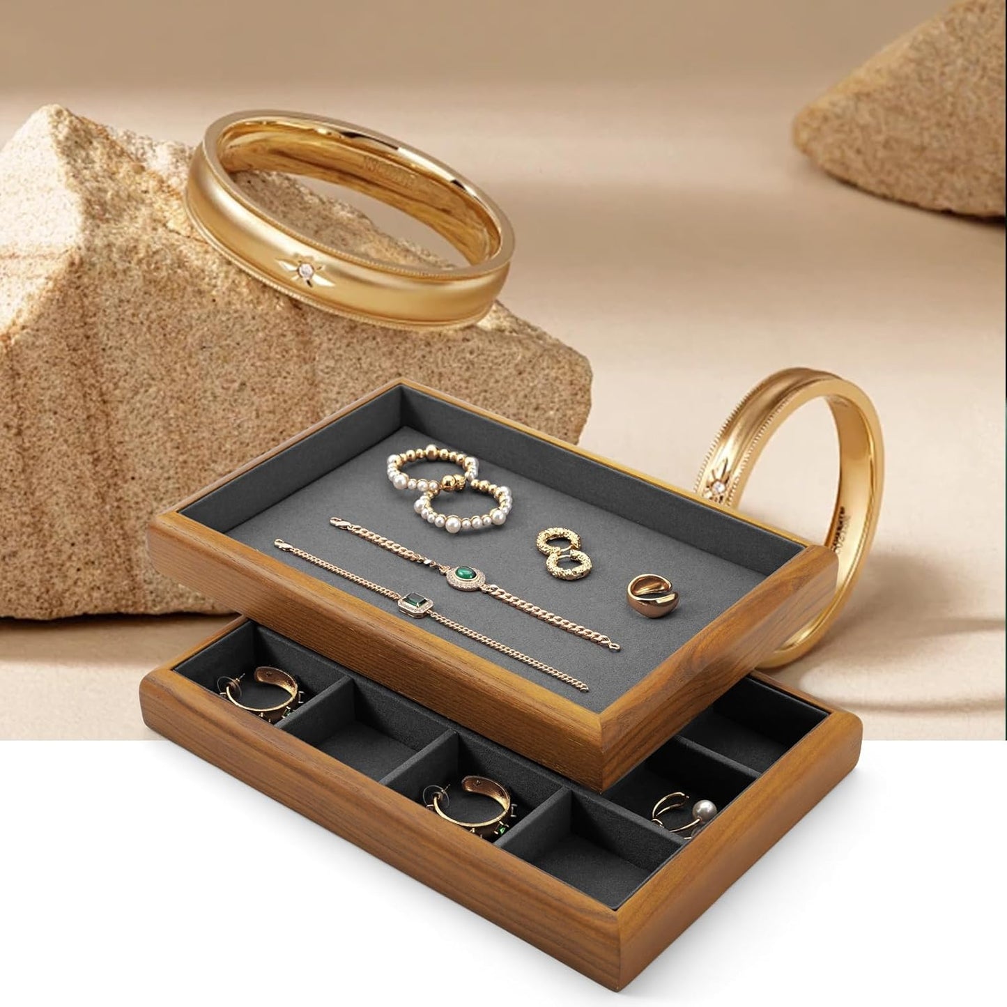 Oirlv Solid Wood 12 Grid Liner Pendant Jewelry Organizer Tray Jewelry Drawer Organizer(Grey)