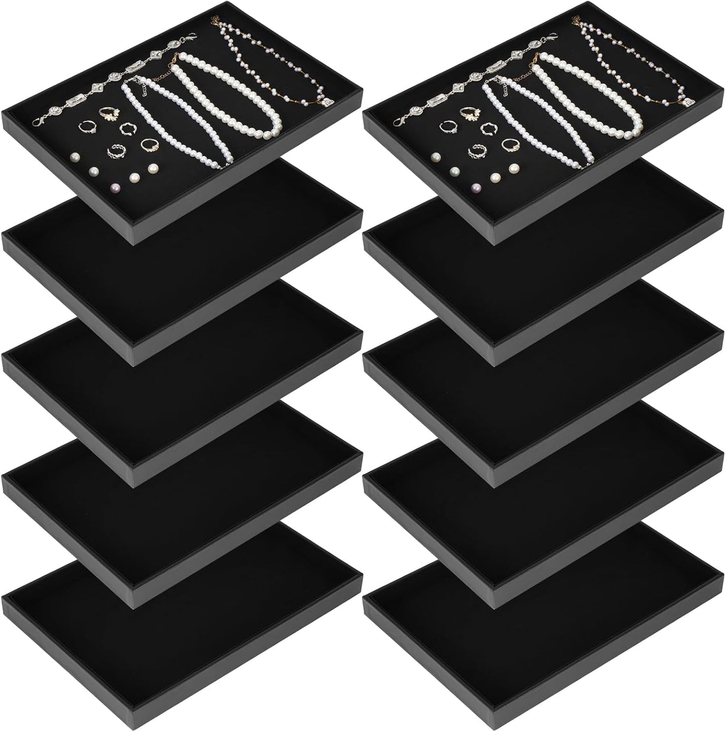 10 Pcs Velvet Stackable Jewelry Tray Showcase Display Jewelry Organizer Tray for Drawers Countertop, Empty Plate for Necklace, Ring, Bracelet Organizing, and Earring Storage Display (Black)
