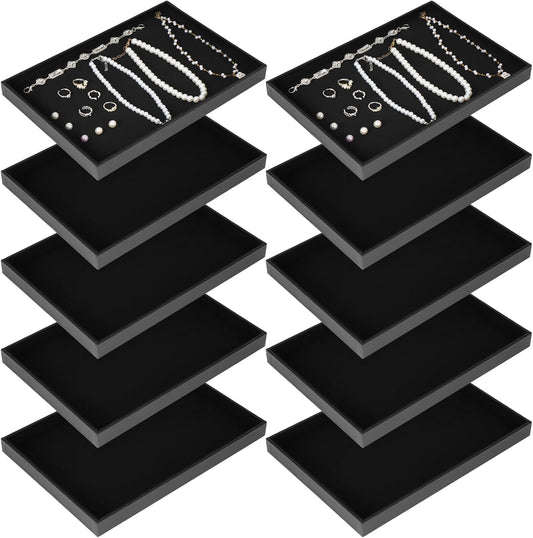 10 Pcs Velvet Stackable Jewelry Tray Showcase Display Jewelry Organizer Tray for Drawers Countertop, Empty Plate for Necklace, Ring, Bracelet Organizing, and Earring Storage Display (Black)