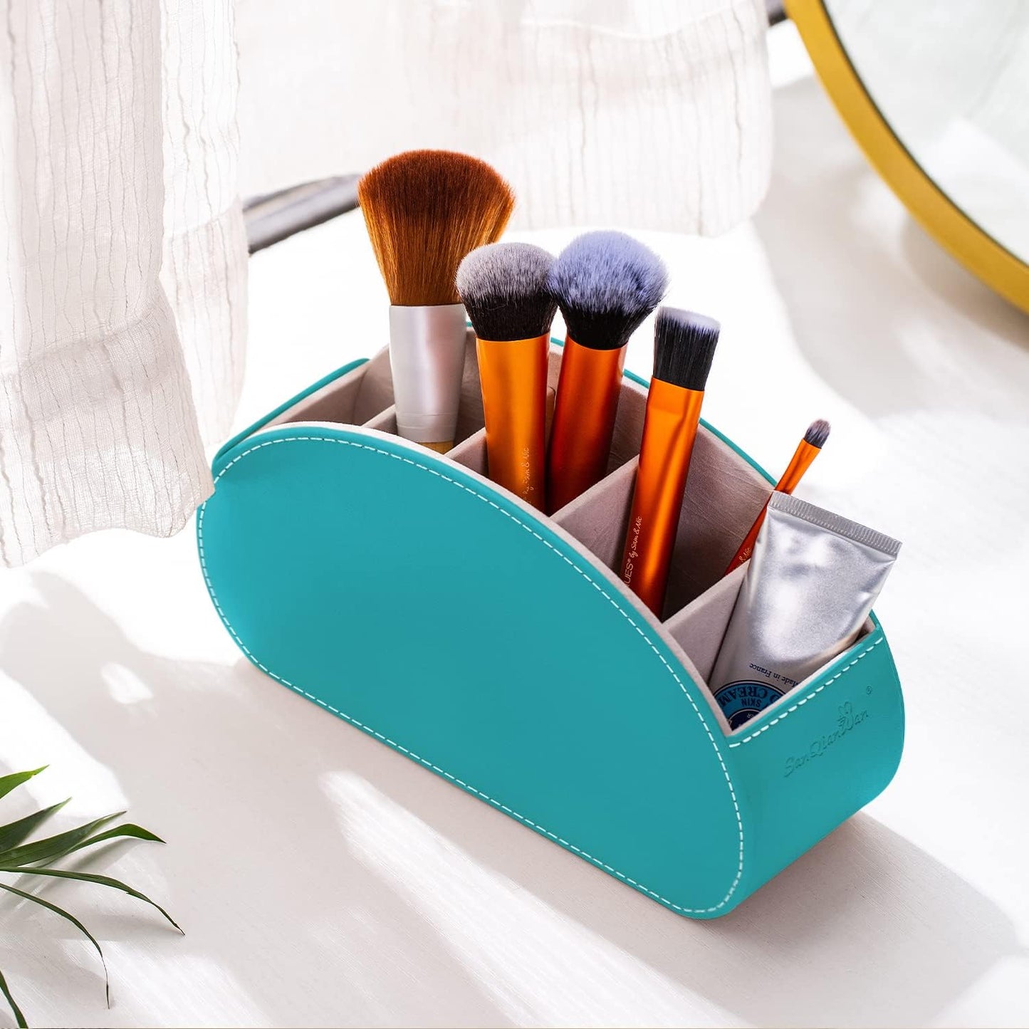 Remote Control Holders Organizer Box with 5 Compartment PU Leather Multi-functional Office Desk Storage Caddy Store Tv Remote for Media Player,Brush,Pencil,Glassees&Office Supplies (Lake Blue)
