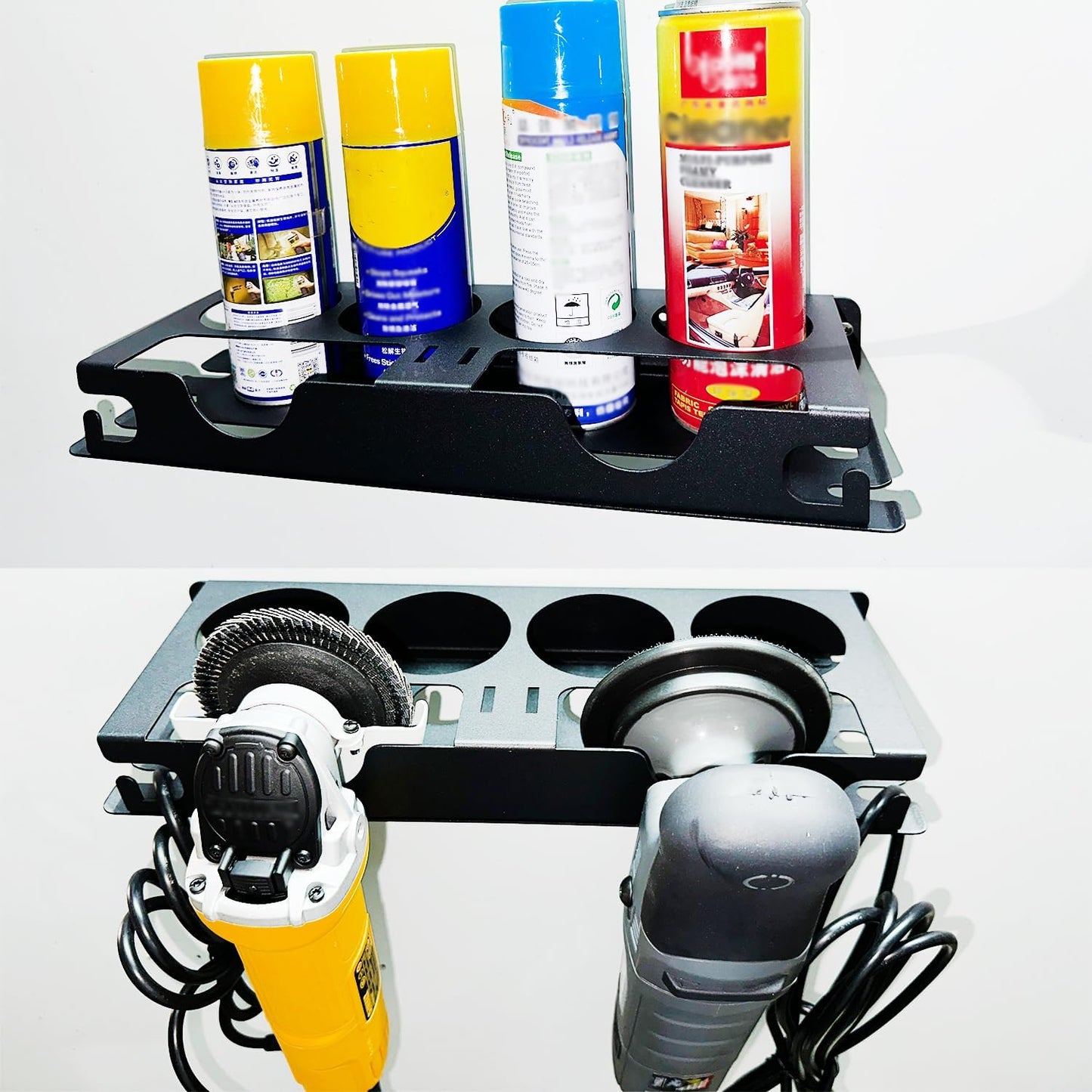 Spray Bottle Storage Rack with Angle Grinder Holder, 2 Slot Polisher Holder & 4 Slot Spray Bottle Holders, 1 Set Multifunctional Storage Rack for Garage and Workspace