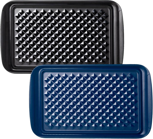 Melamine Grilling Prep and Serve Trays, Set of 2 Melamine Rectangular Serving Trays/Platters with Handle for Outdoor Parties and BBQ, Dishwasher Safe Food Tray,17''x10.5''. Blue and Black