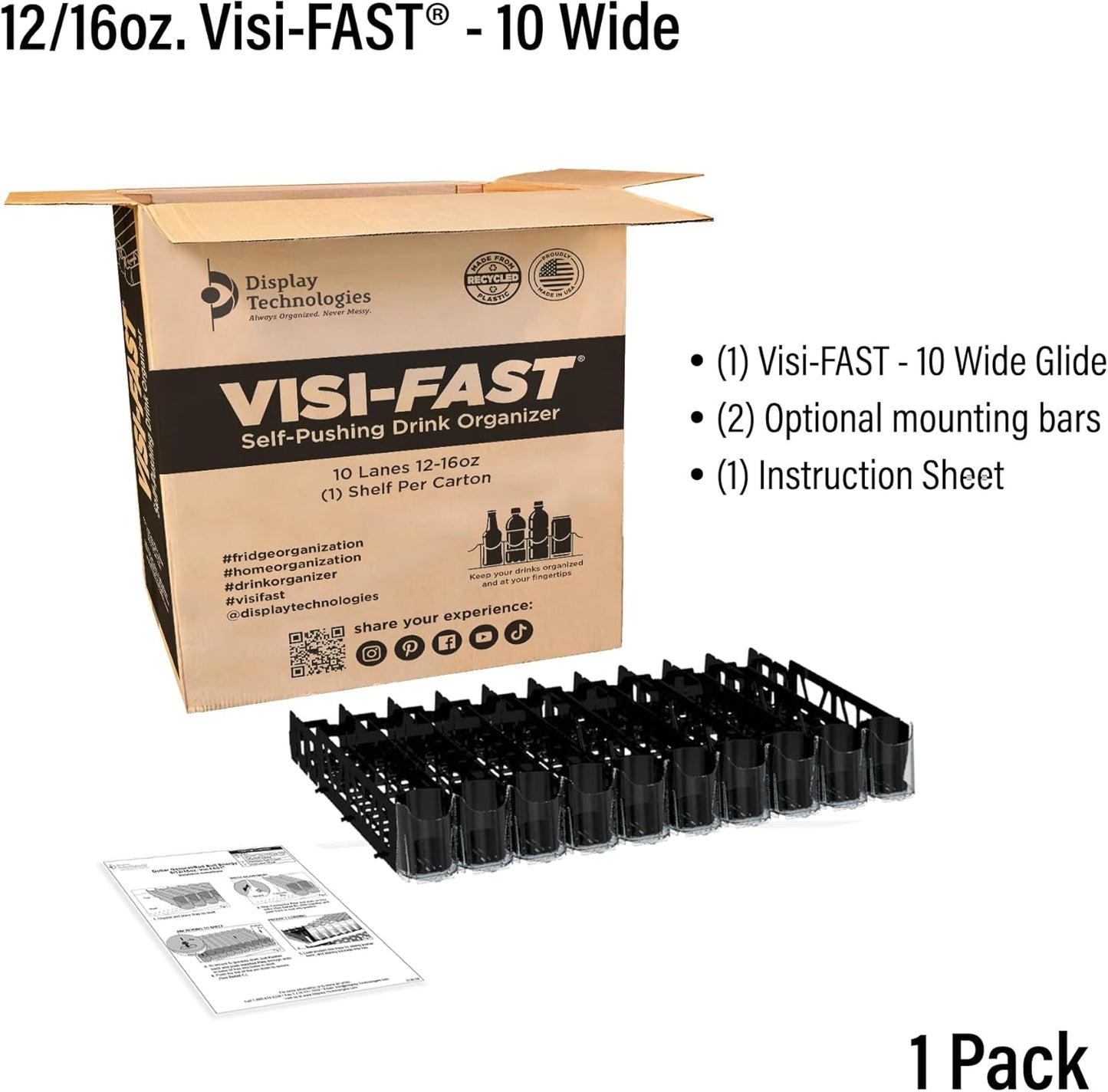 Display Technologies Visi-FAST Spring Push Drink Dispenser, Refrigerator Organizers and Storage for 12/16 oz Beverages, Bottles, and Cans, Drink Dispenser for Fridge, Commercial and Home, (Pack of 1)