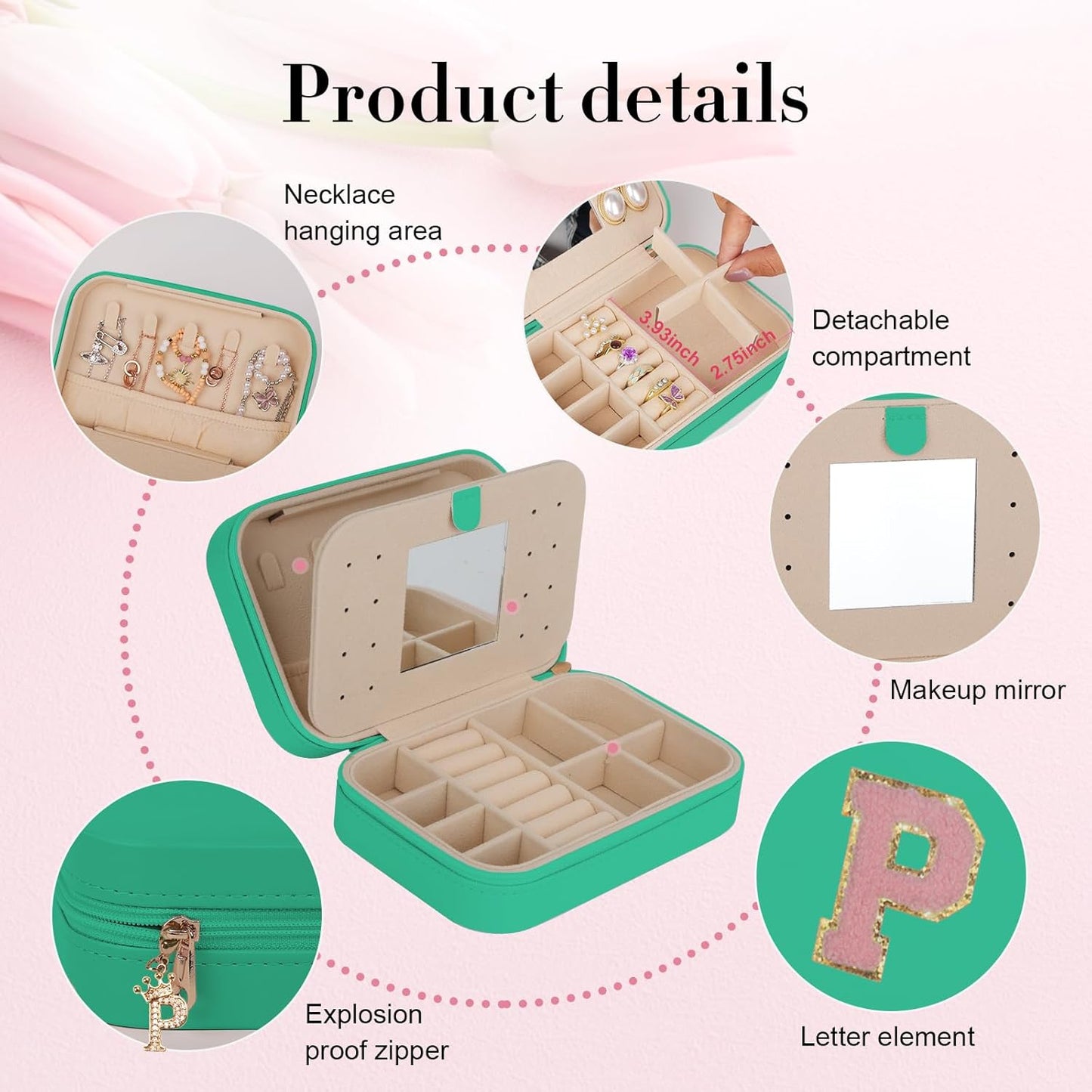 TopPerfekt Travel Jewelry Case, Jewelry Box with Mirror, Jewelry Organizer Bridal Shower Gifts to Her, Earring Storage Travel Case, Trendy Gift for Women and Girls, Girlfriend-Letter P, Green
