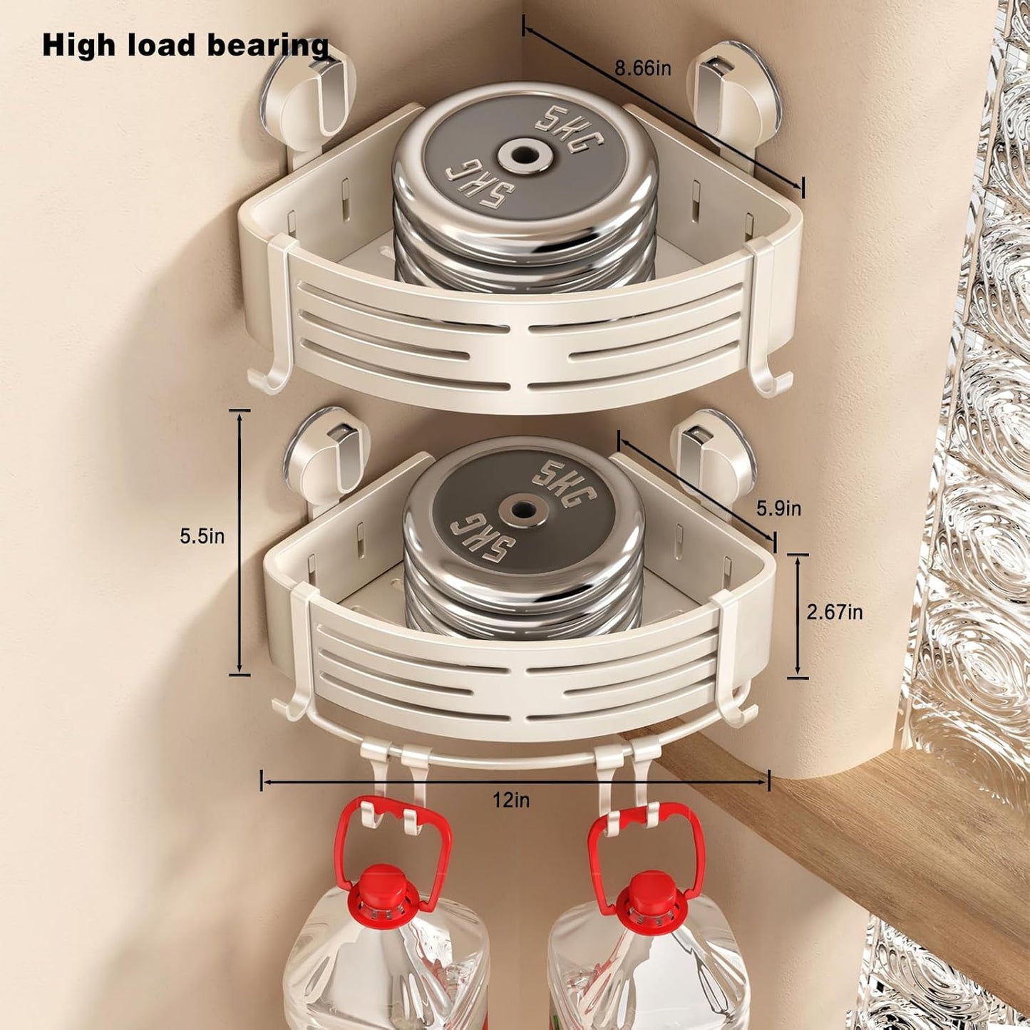VOLPONE Corner Shower Caddy Suction Cup Shower Shelf Corner No Drilling Bathroom Shower Organizer Storage Rack Adhesive with Towel Bar Hooks(1-Pack, Ivory)