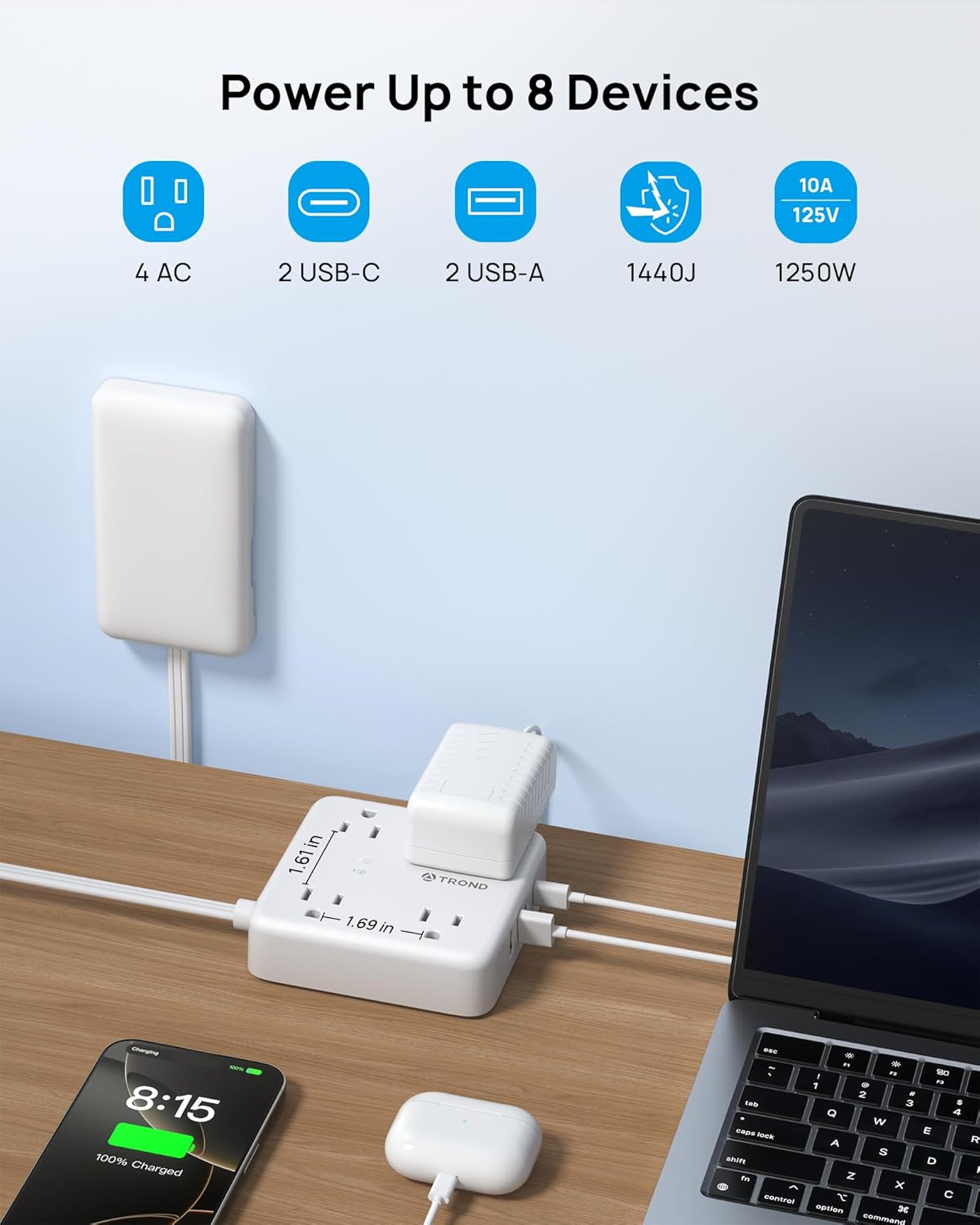 TROND Flat Plug Power Strip with Outlet Cover - 3ft Extension Cord with Multiple Outlets and 4 USB Ports, Mountable Surge Protector Outlet Concealer, Kitchen Home Improvement for Hide Messy, White