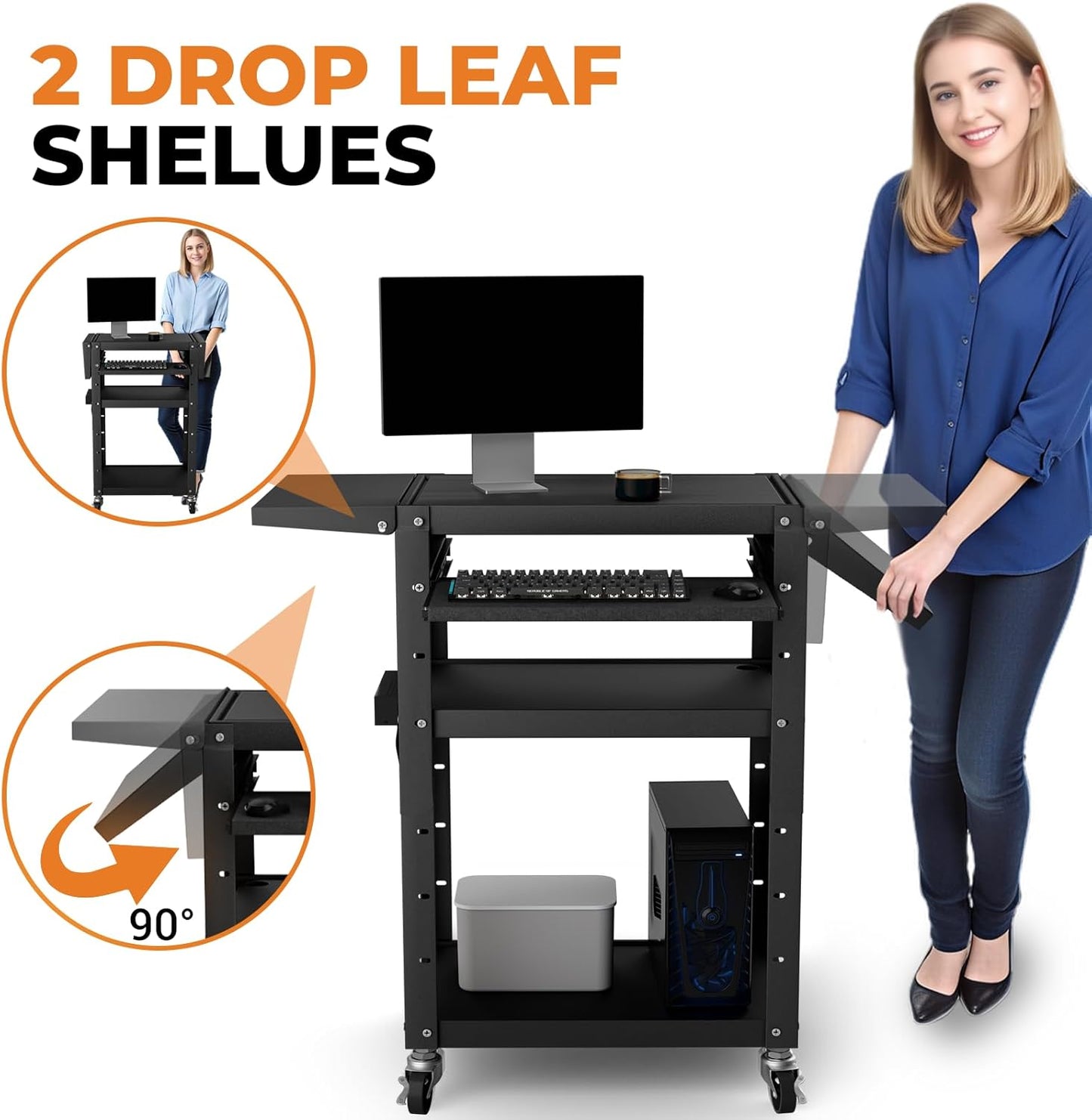 Mobile AV Cart with Pullout Keyboard Tray, Rolling Computer Cart Height Adjustable Rolling Media Utility Cart with 4 Wheels, 4 Outlets, Perfect for Home or Office Us