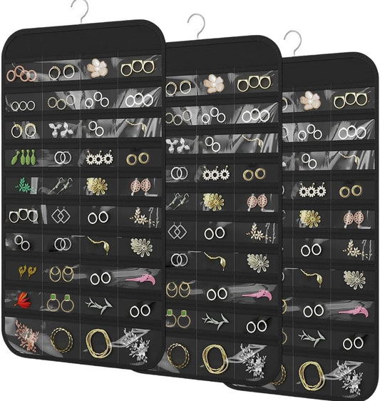 3PCS Hanging Jewelry Organizer with 80 Pocket Double-Sided Jewelry Holder Storage Wall Door Closet Accessories Organizer for Earrings, Necklaces, Rings (Black)