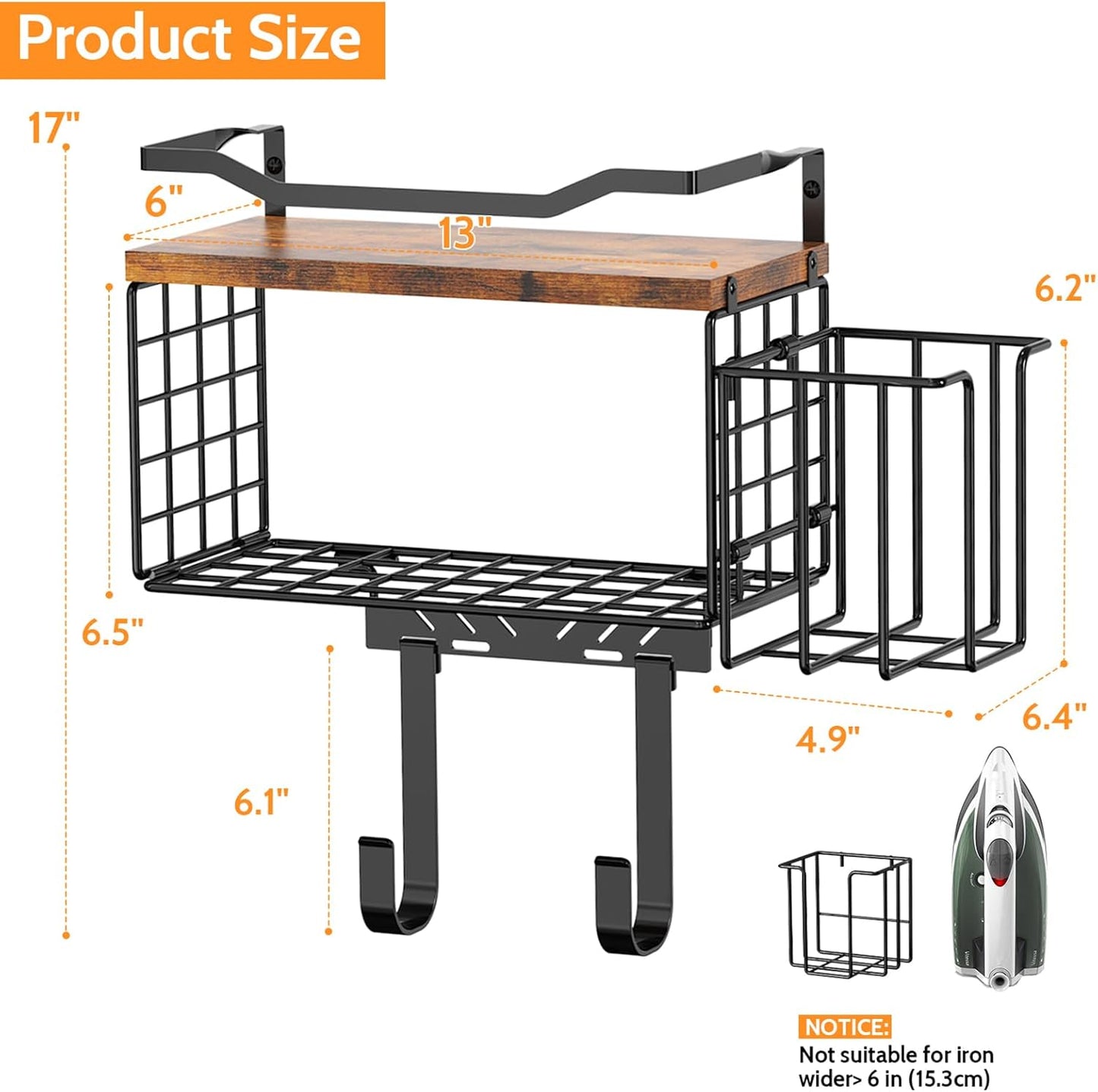 Ironing Board Hanger, T&Y Iron Board Holder Wall Mount with Ironing Caddy, Metal Ironing Board Holder Storage Organizer, Floating Wood Shelf for Laundry Room Decor Accessories Organization