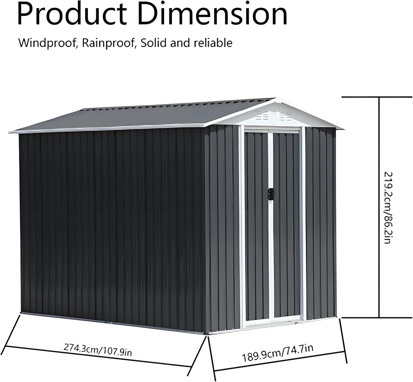 6x9ft Outdoor Metal Storage Shed Waterproof Garden Shed with Lockable Door, Windows & Vents, Tool Metal Storage for Patio Furniture Lawnmower（Grey）