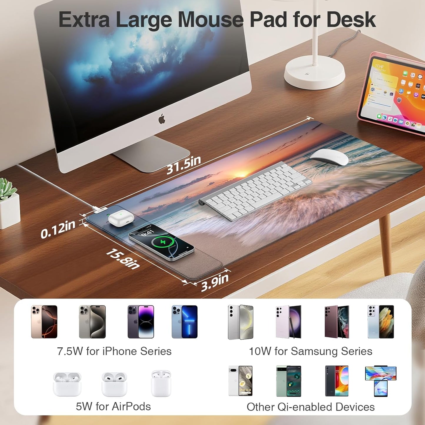 Wireless Charging Mouse Pad, 31.5"x15.8" Large Gaming Desk Mat for Keyboard/Laptop, Waterproof Ultra-Smooth Surface, Non-Slip Base, with 20W PD Adapter, Beach Sunset