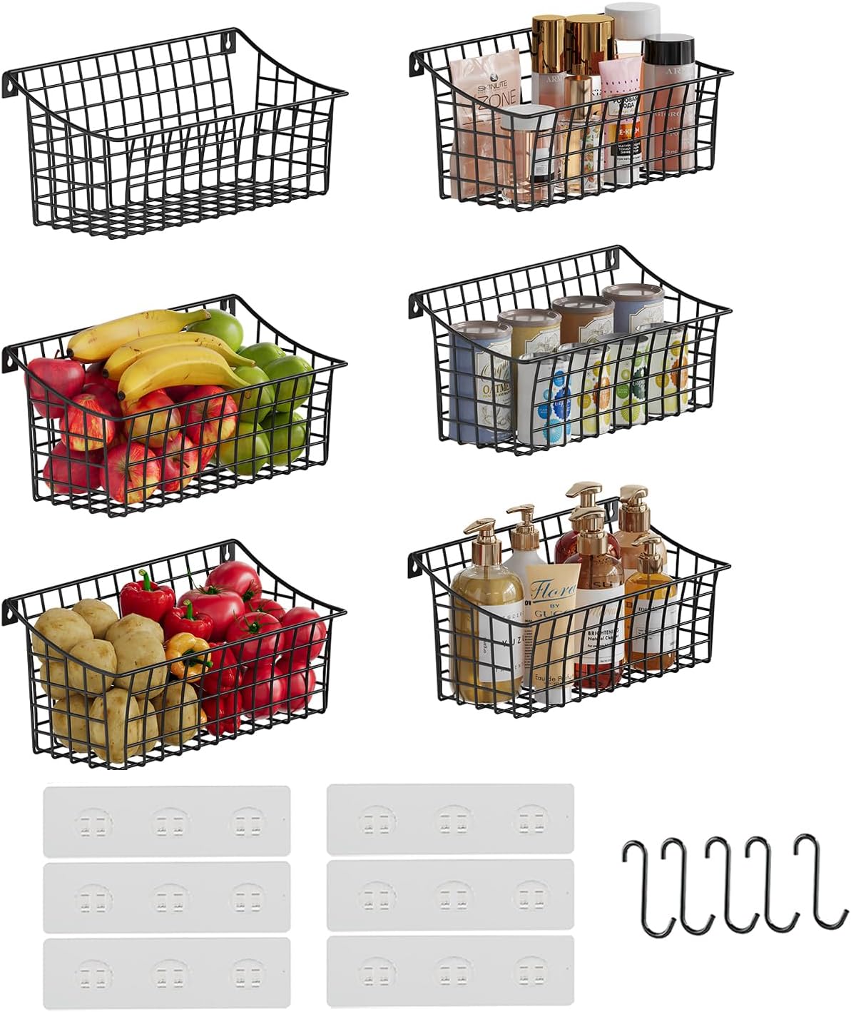 Sonyabecca 6 Pack Hanging Wall Basket for Organizing, EXTRA Large Wire Basket for Pantry with 5 S Hook+6 Adhesive Hook, Wall Mounted Shelf for Kitchen,Bedroom, Bathroom RV,Garage Organization& Storage