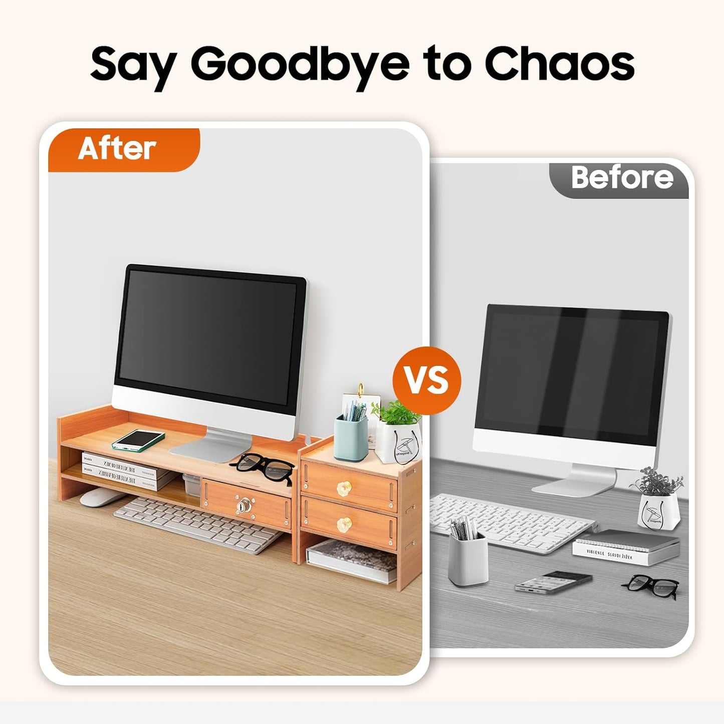 Wood Monitor Stand With Drawers,Desk Organizer With Lockable Drawer & Phone Holder, Computer Monitor Riser Stand With Storage Shelf,Multi-Purpose Desktop Storage Stand For Computer, Laptop, Printer