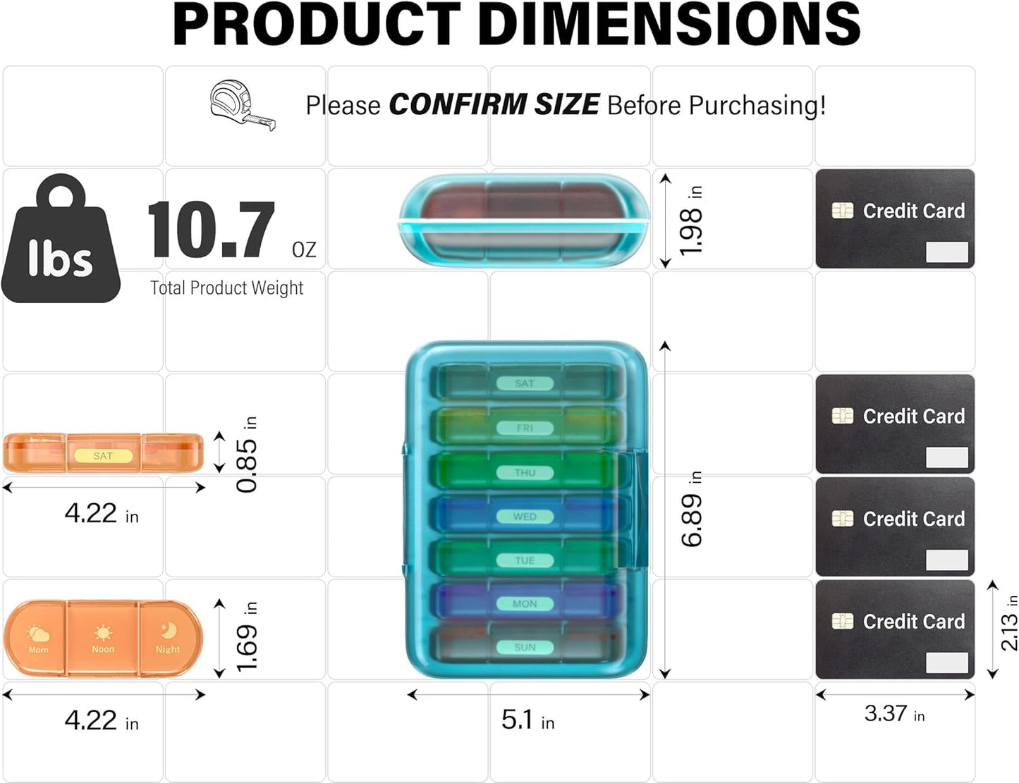 Weekly Pill Organizer 3X a Day, 7 Day Pill Box 3 Times, Portable for Travel Pill Case for Pills/Vitamin/Fish Oil/Medication/Supplements (3x7 Blue+Rainbow)