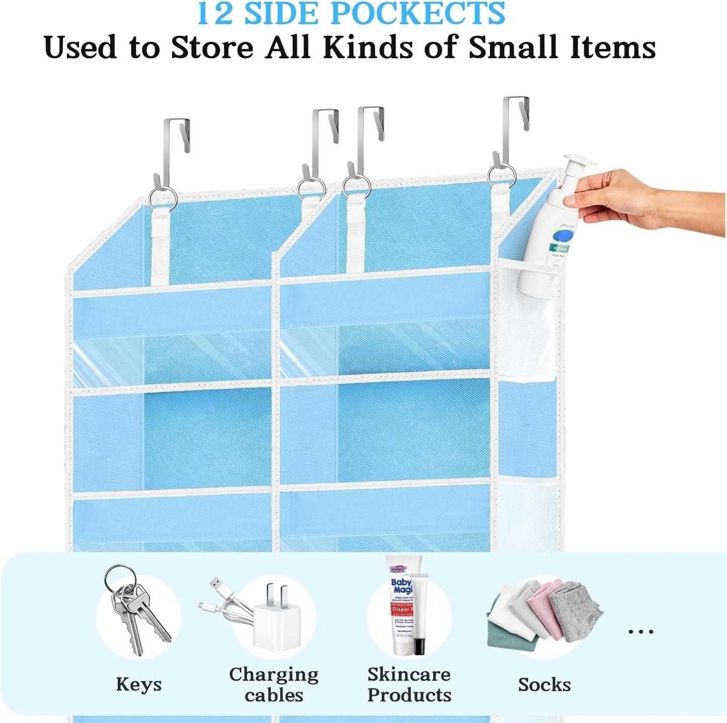 Over The Door Organizer 6 Tiers, Extra Large Behind Door Storage of 12 Compartments, 80 lbs Weight Capacity Hanging Storage Organizer with Clear Window Kids Toys,Shoes,Diapers,Room Storage,Blue