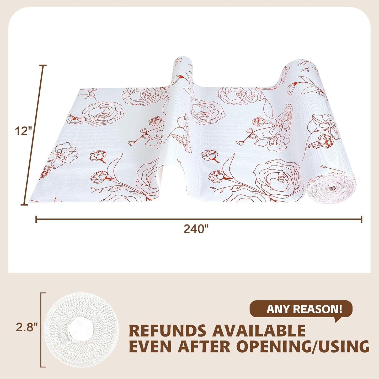 Shelf Liners for Kitchen Cabinets 17in x 20FT Non Adhesive Drawer Liner Red and White Floral Thickened Shelf Liner Paper Strong Non-Slip Easy to Clean for Tool Box with Knife and Tape Measure