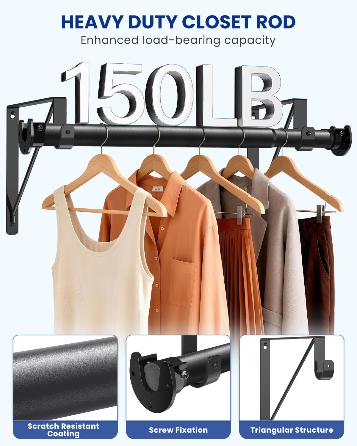 Closet Rods for Hanging Clothes with Triangular Brackets, 17 to 39 Inches Stepless Adjustable Closet Rod, 1.3 Inch Heavy Duty Closet Rod for Closet Wardrobe Laundry RV (Without Board/Black)
