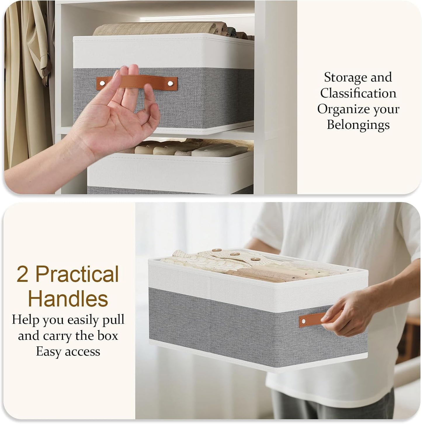 Storage Baskets,Foldable Drawer Organizers with Handles, Storage Bins for Wardrobe Bedroom Laundry, 18.5 × 11 × 7.9 Inch, White and Grey, 2-Pack