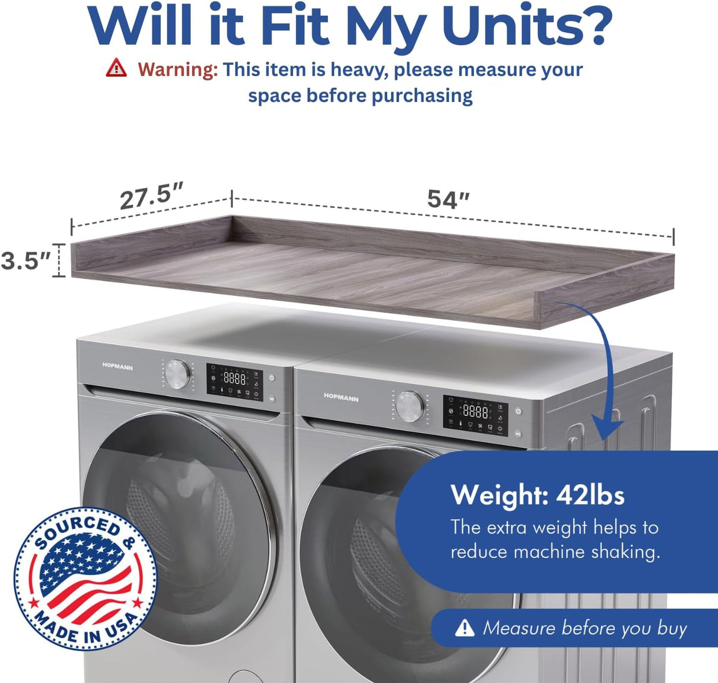 OfficeSimpli Washer Dryer Countertop, Made in USA, Non-Slip Pads, Easy Clean, Laundry Room Essentials and Decor, Washer Dryer Wood Top for Organization (Iconic Maple, Standard (27.5" x 54"))