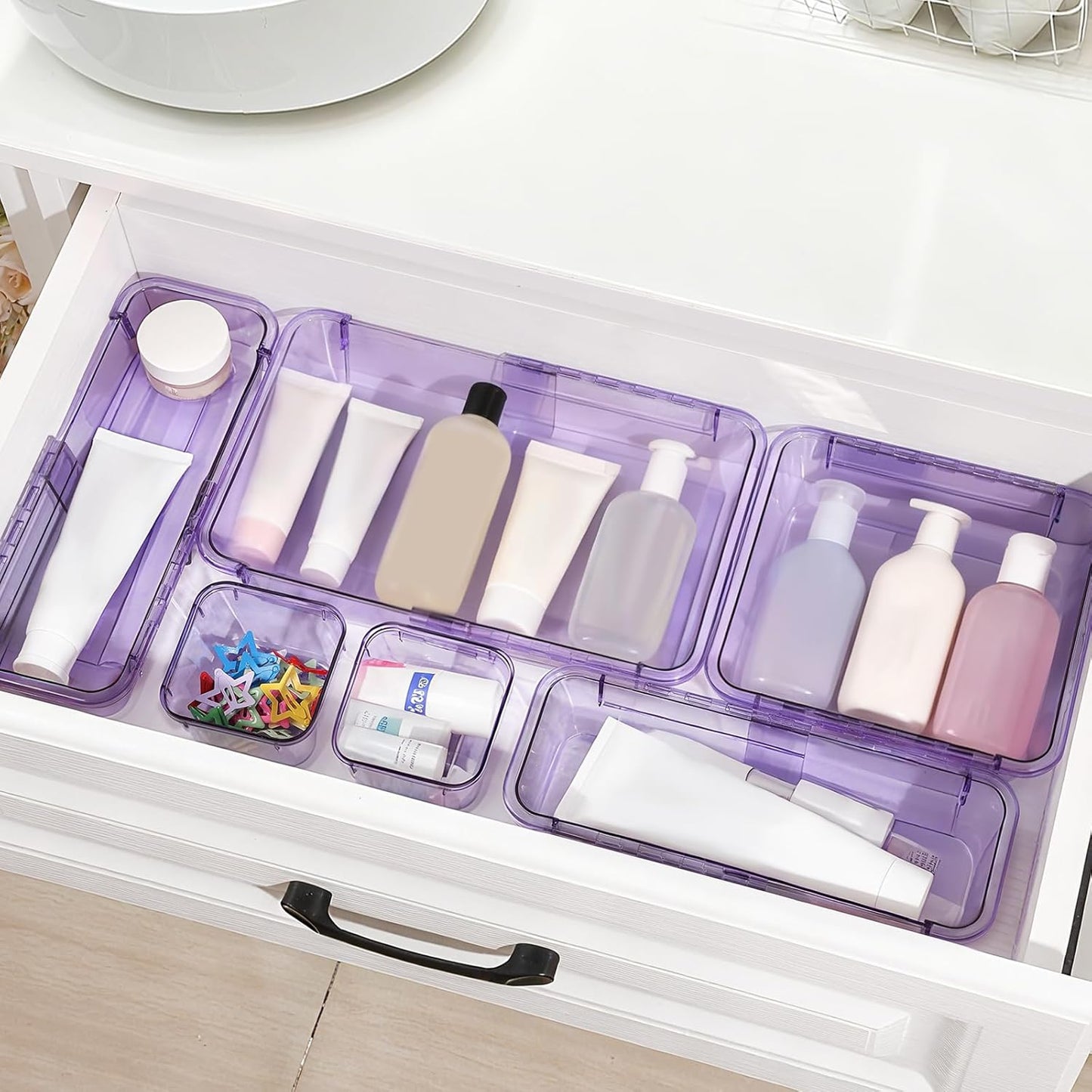 20 Pcs Adjustable Clear Drawer Organizer, Extendable Vanity Storage Bins, Desk Drawer Organizer Set for Makeup, Cosmetics, Bedroom, and Gadgets, Purple
