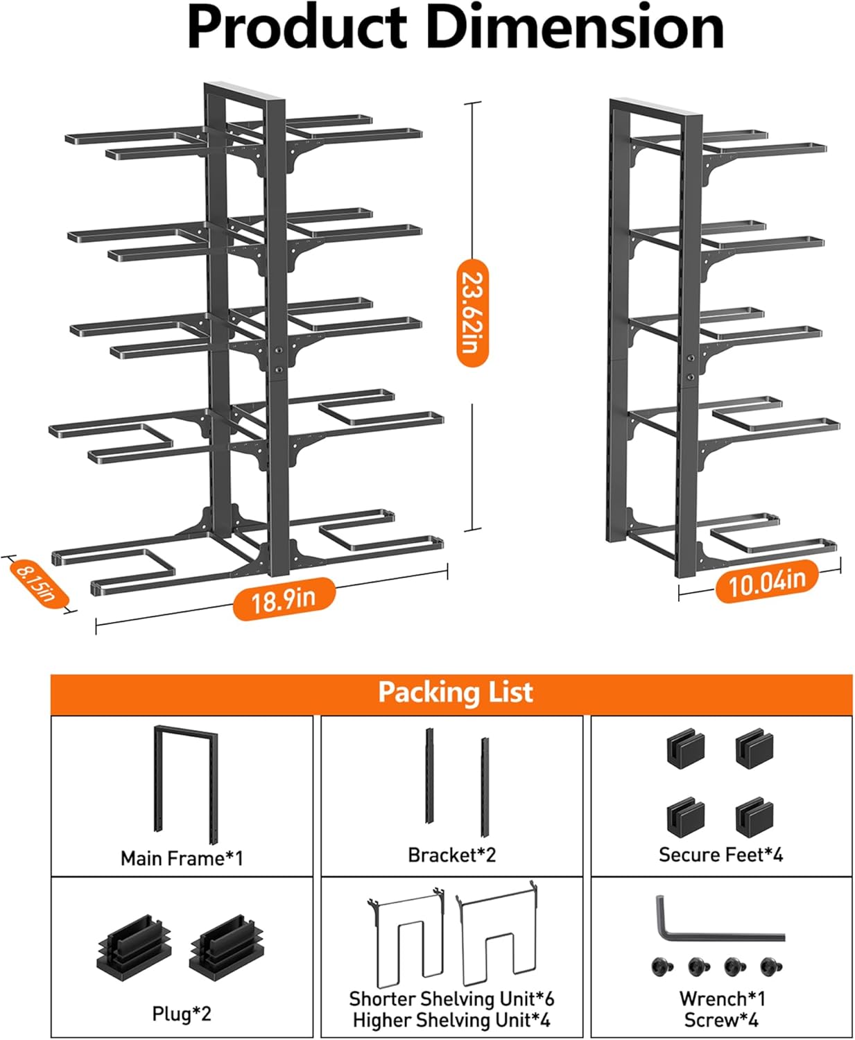 MUDEELA 10-Tier Pots and Pans Organizer under Cabinet, 23.62" Height Heavy Duty Pot and Pan Organizer Kitchen Cabinet Organization and Storage, Adjustable Pot Rack for Frying Pan, Cast Iron Skillet