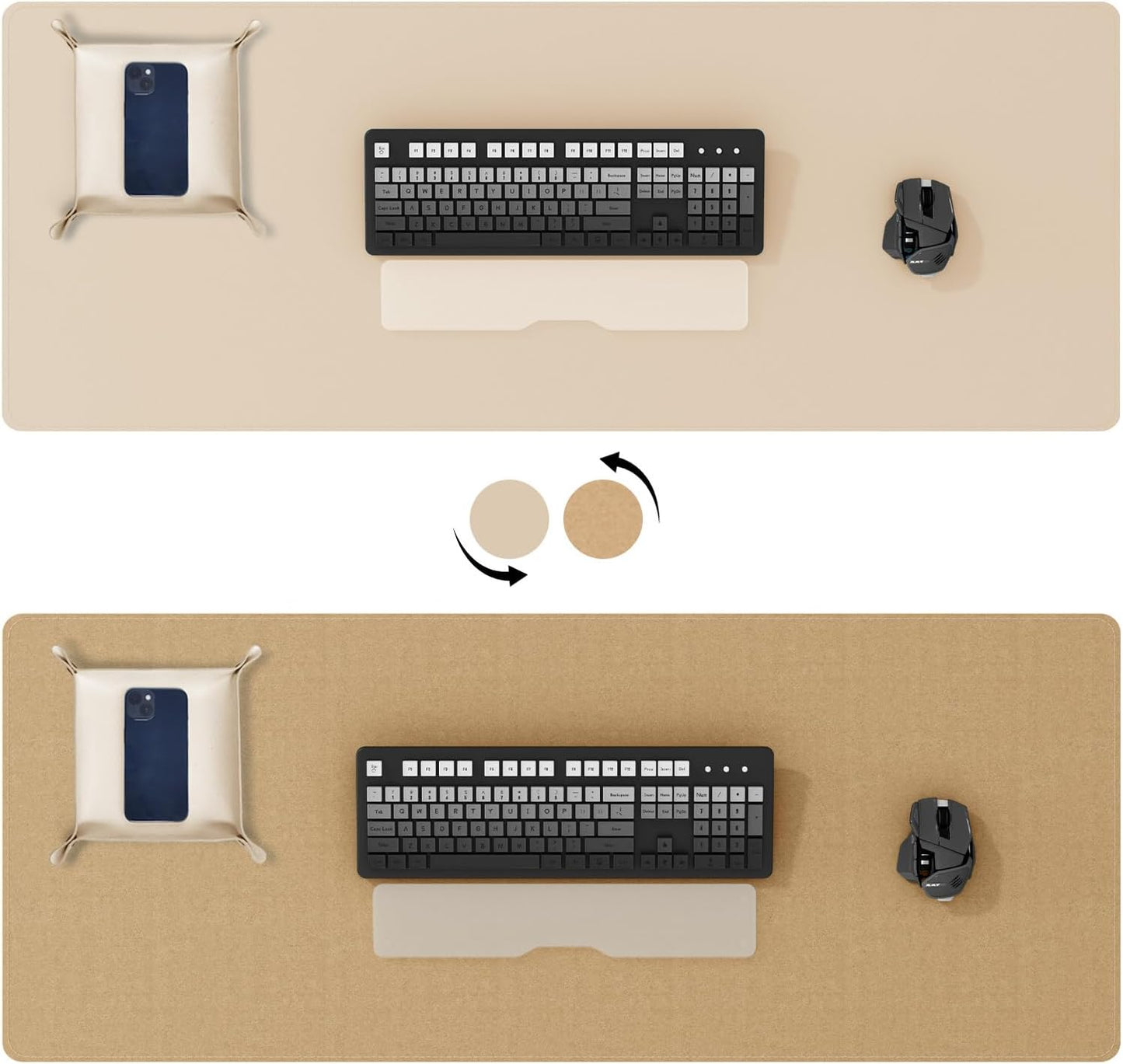 DAWNTREES Dual Sided Desk Mat,Leather Desk Pad,47.2''x15.8'',Cork Desk Mat Protector,with PU Leather Valet Tray Organizer,Large Mouse Pad,Desk Writing Pad for Office and Home(Khaki)