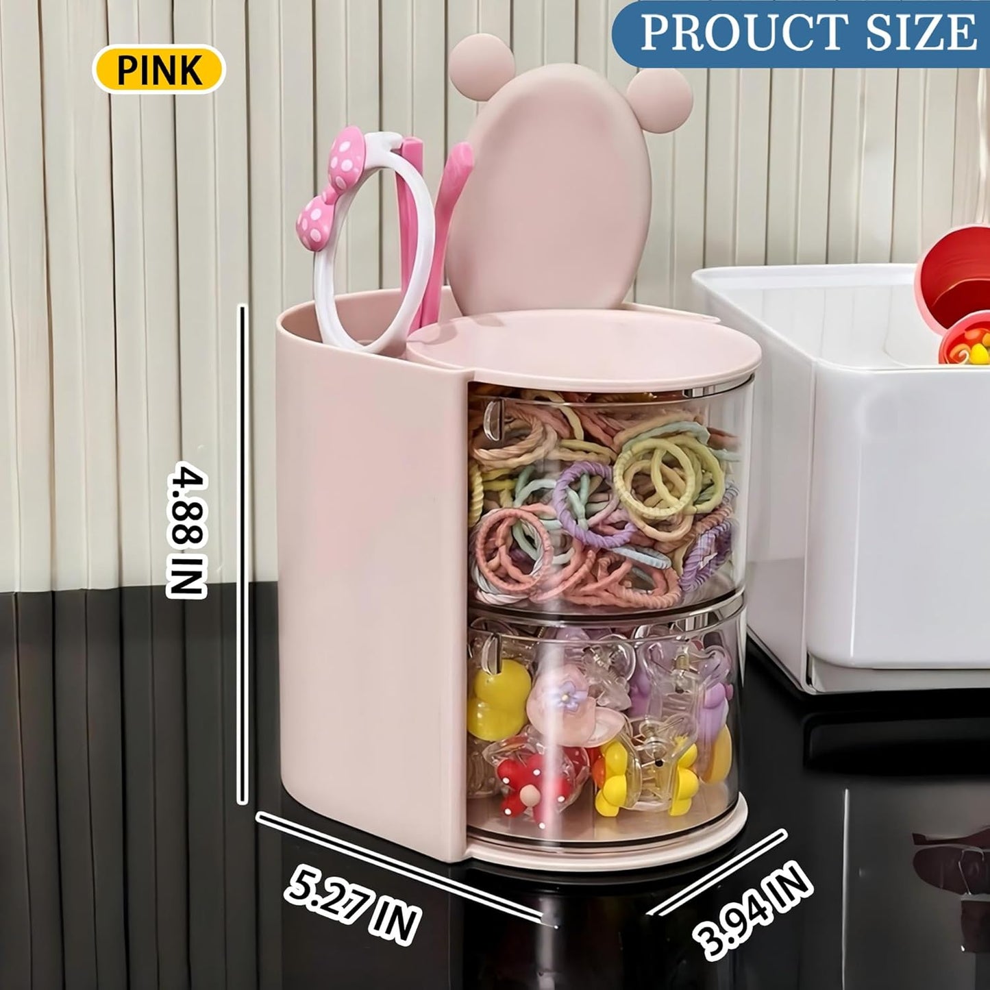 Hair Accessories Organizer with Hair Brush Holder, Rotatable Makeup Brush Holder for Necklaces, Earring, Bracelet, Ring, Makeup Brushes, Hair Clip and Hair Accessories (Pink, 2-Layer)