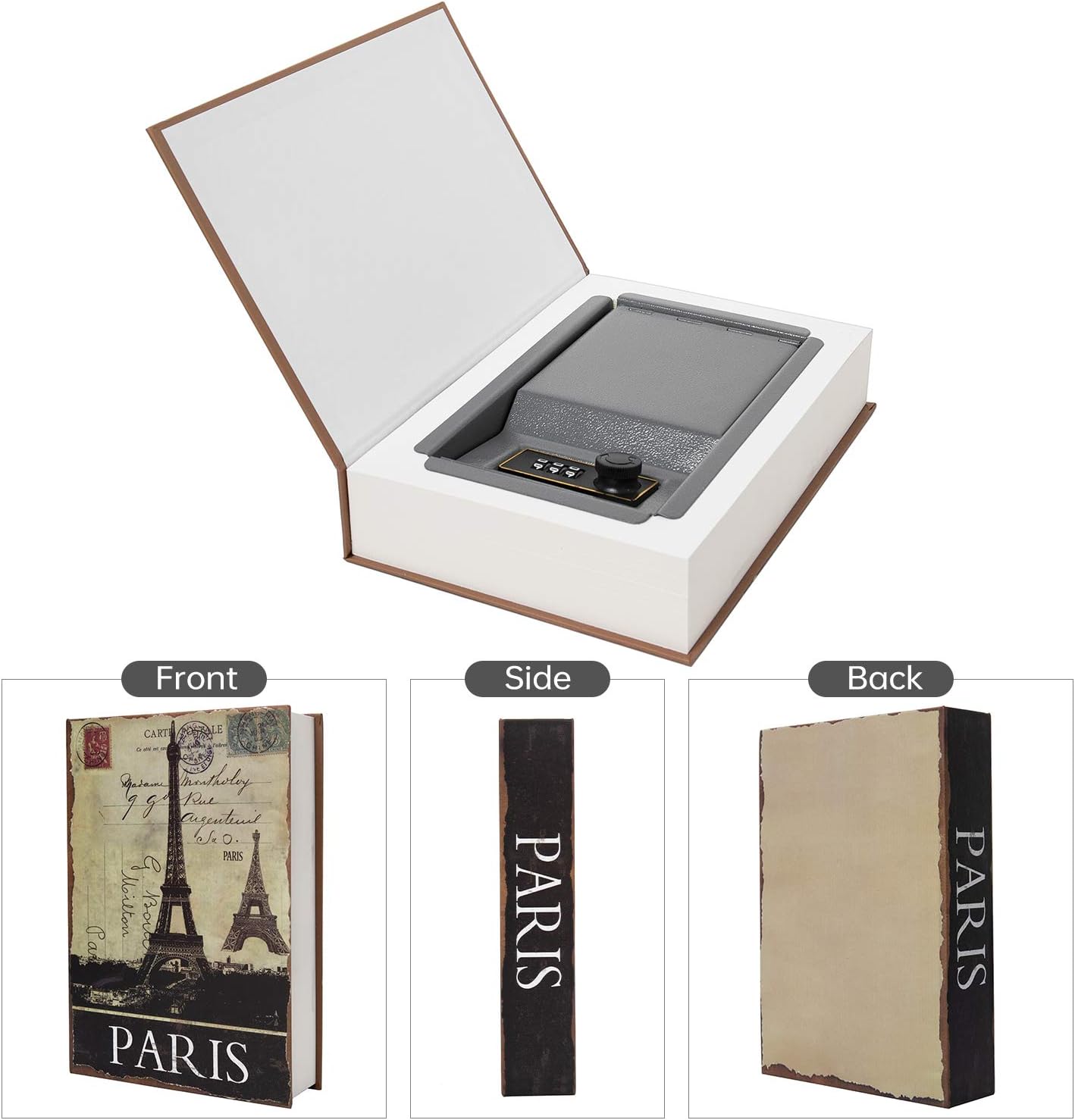Real Paper Transfer Book Safe, Hollow with Secret Hidden Compartment, Combination Lock, 8.7"×6"×2" (Paris-Combination)