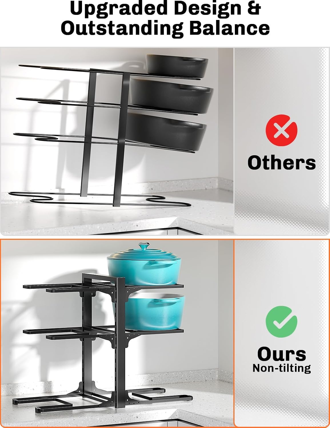 MUDEELA 6-Tier Pots and Pans Organizer under Cabinet, 13.78" Height Heavy Duty Pot and Pan Organizer Kitchen Cabinet Organization and Storage, Adjustable Pot Rack for Frying Pan, Cast Iron Skillet