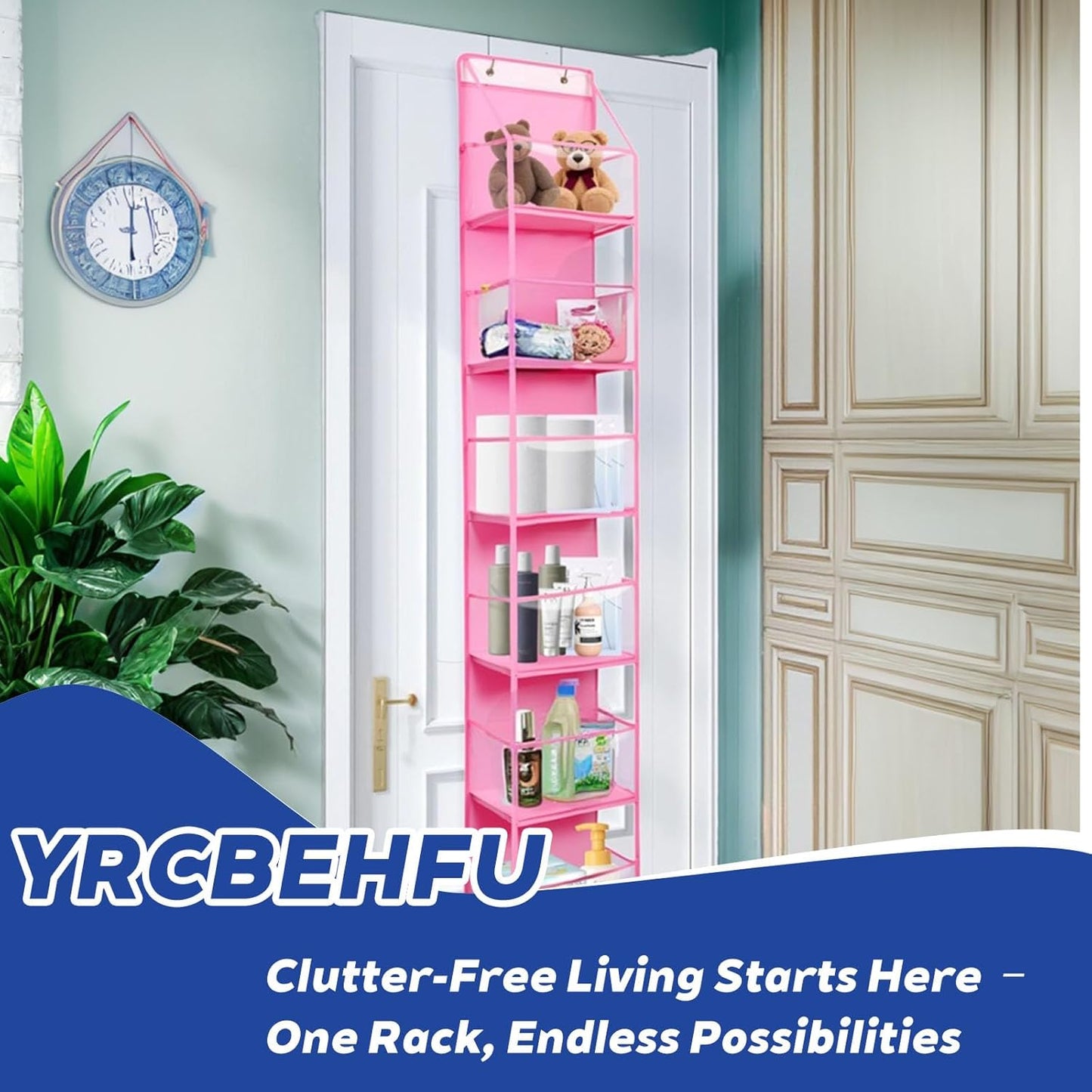 2 Packs Over The Door Organizer - 6-Shelf Hanging Storage Organizer with Clear Plastic Pockets - Large Capacity Pantry Storage Shelf for Bathroom, Bedroom, Nursery (Pink)