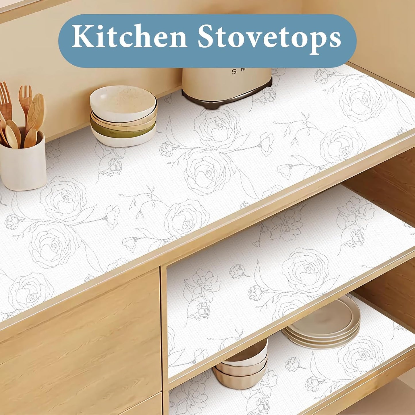 Shelf Liners for Kitchen Cabinets 17in x 20FT Non Adhesive Drawer Liner Sliver Floral Thickened Shelf Liner Paper Strong Non-Slip Easy to Clean for Tool Box Refrigerator with Knife and Tape Measure