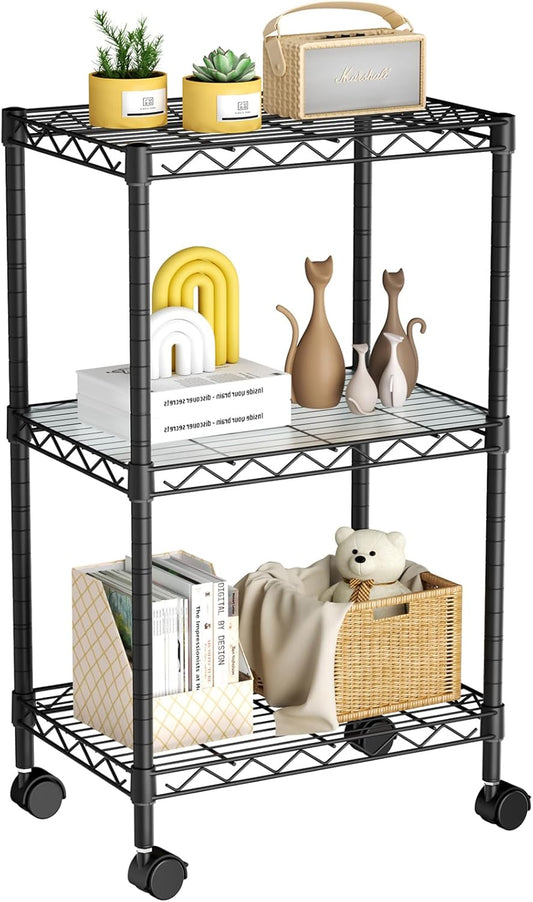 Small 3 Tier Shelves Storage Wire Shelving Unit Metal Shelf Adjustable Organizers Storage Shelving with Wheels for Bathroom Laundry Room Kitchen Pantry12”D x 18”W x 30.7”H Black