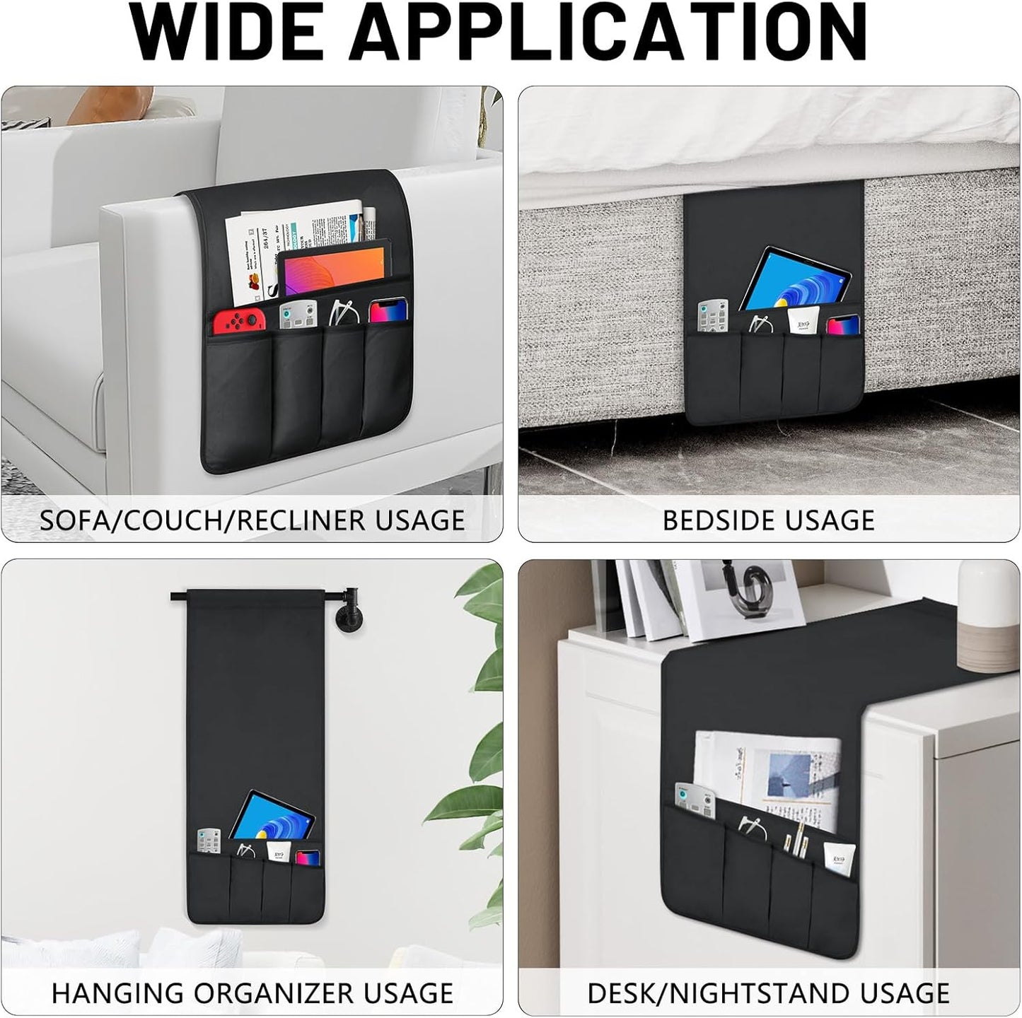 TV Remote Control Holder Couch Caddy, Non-slip Bedside Caddy Organizer with 5 Pockets for Key Glasses Phone Magazine Holders (Black, 35"x12.4")