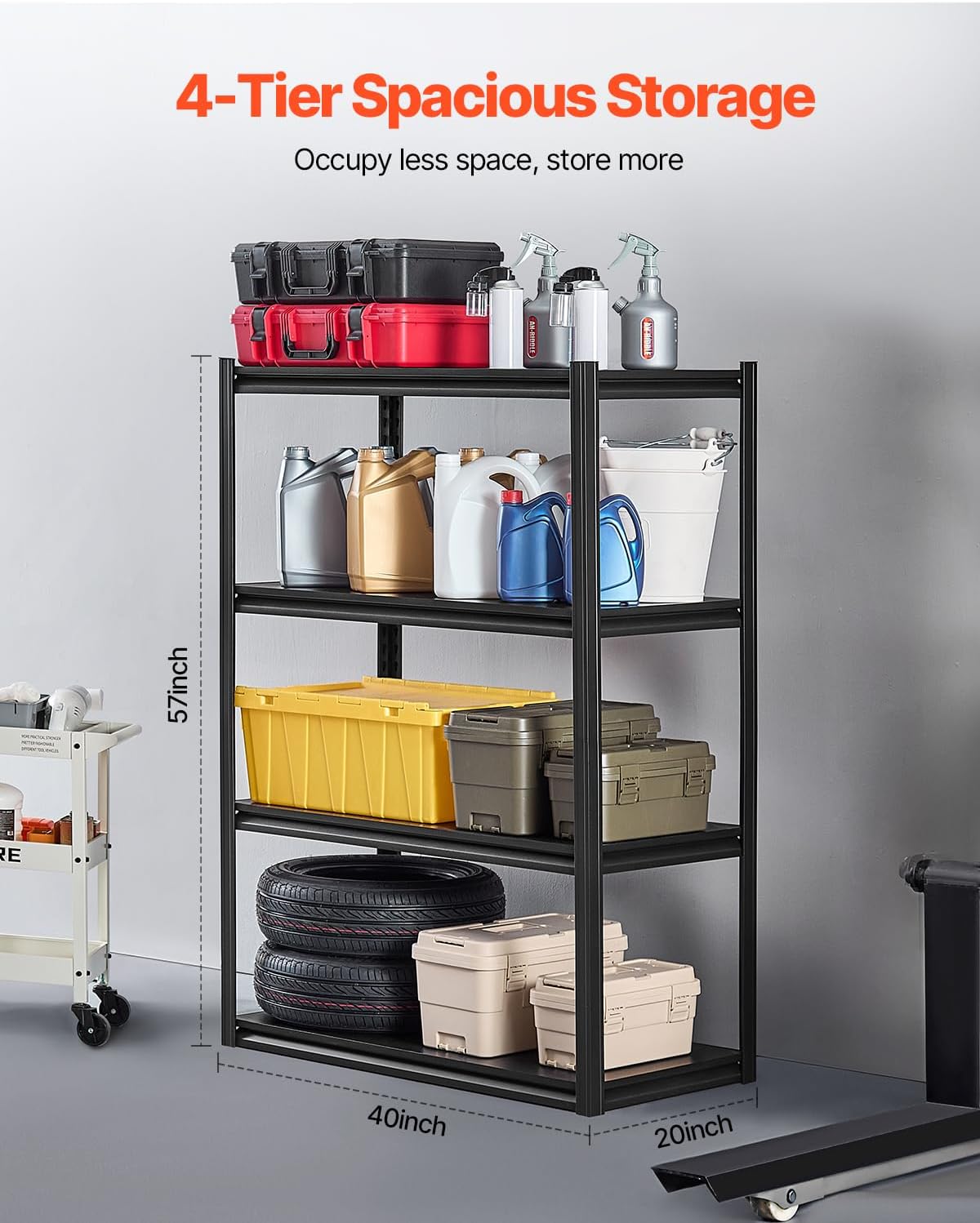 VEVOR Storage Shelves, 2400 lbs, 4 Tier Garage Storage Shelving, 20" D x 40" W x 57" H Adjustable Metal Shelves for Garage Shelves Utility Rack Shelf, Ideal for Kitchen, Warehouse, Basement, Black