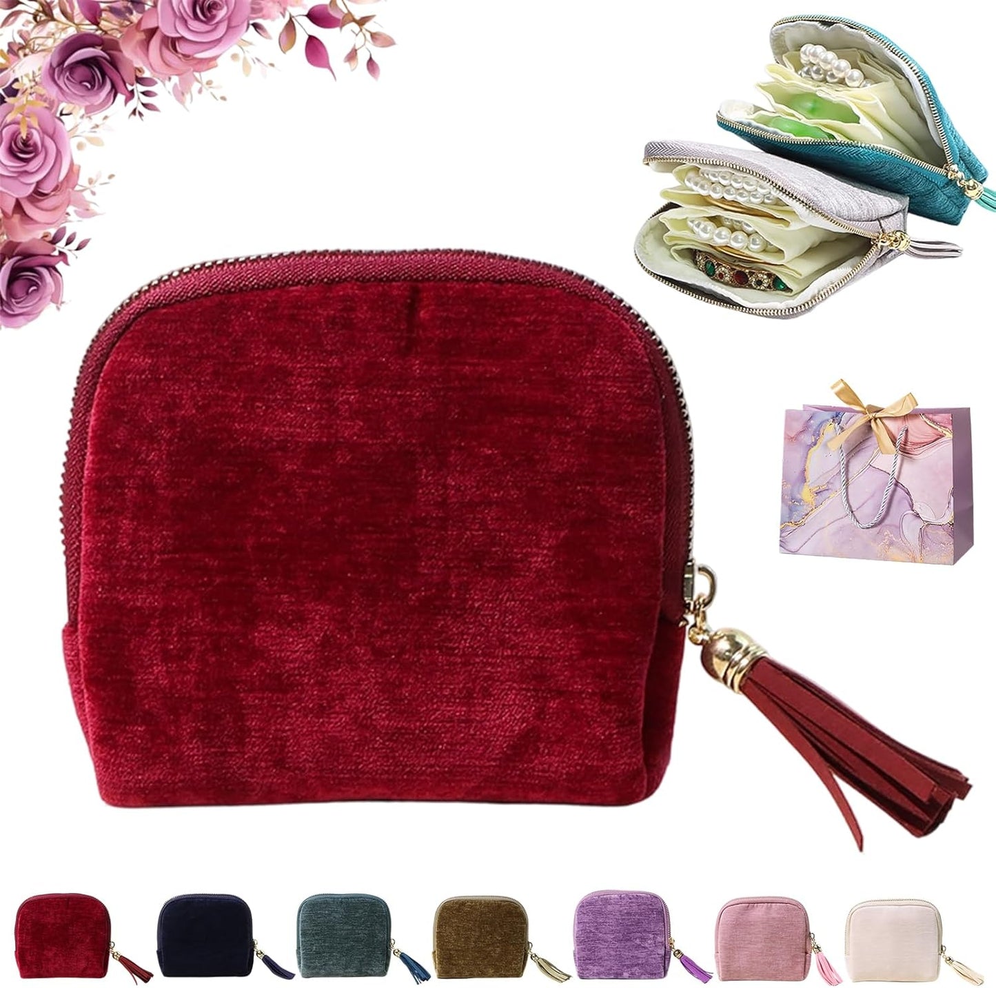 Travel Jewelry Case, Portable Jewelry Storage Bag, Compact Foldable Five Compartments Organizer Pouch with Zipper & Tassel for Earring Necklace Ring Bracelet (Dark red)