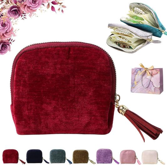 Travel Jewelry Case, Portable Jewelry Storage Bag, Compact Foldable Five Compartments Organizer Pouch with Zipper & Tassel for Earring Necklace Ring Bracelet (Dark red)