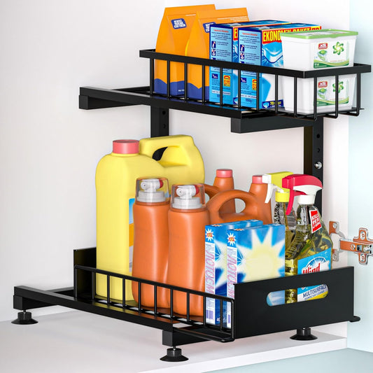 Under Sink Organizer, 2-Tier Pull Out Cabinet Drawer with Adjustable Height 13.7-17.1", Kitchen Bathroom Storage Rack, Heavy Duty Metal Sliding Basket Shelf