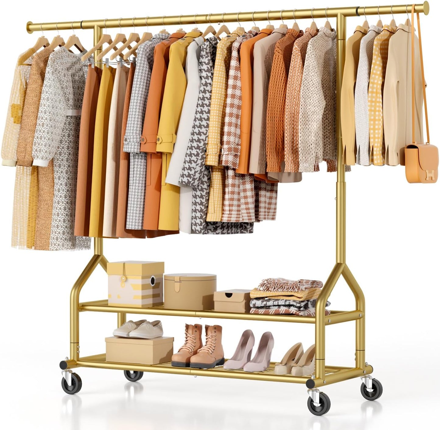 EAGMAK Heavy Duty Clothes Rack Load 556 LBS, Rolling Clothing Rack With Shelves, Height Adjustable Metal Clothes Hanger with Wheels Portable Wardrobe Organizer Garment Rod for Hanging Clothes (Gold)