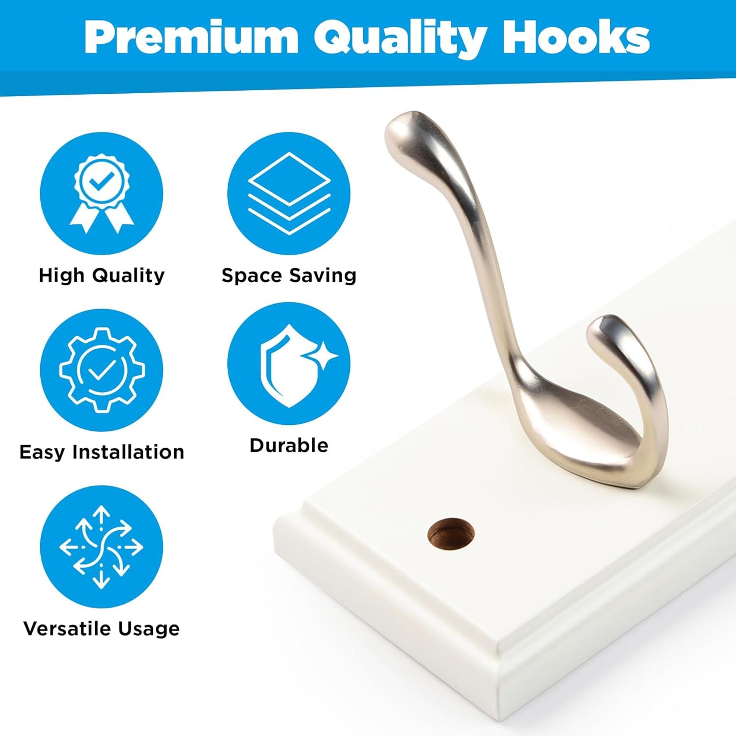 GlazieVault Coat Hooks Wall Mounted - MDF Board Nickel Hook Coat Rack(2 Pack) - Heavy Duty White -Coat Hooks for Wall Clothes Hooks and Wall Hooks