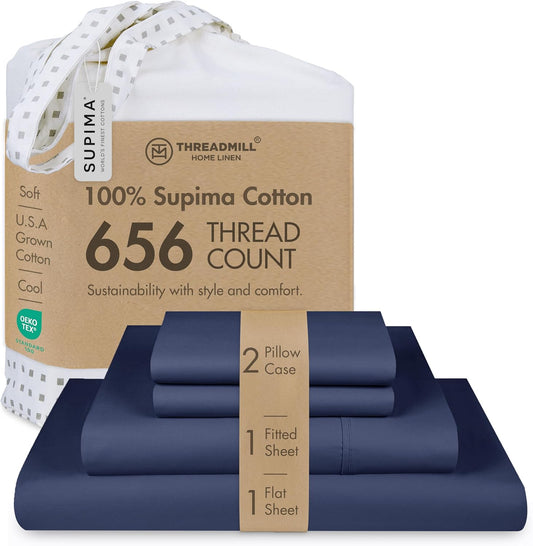 Threadmill Supima Cotton Sheets Queen | 656 Thread Count Queen Sheets for Queen Mattress | 4 Piece Luxury Bed Sheets | Sateen Weave Hotel Quality Sheet with Elasticized Deep Pocket | Folkstone Blue
