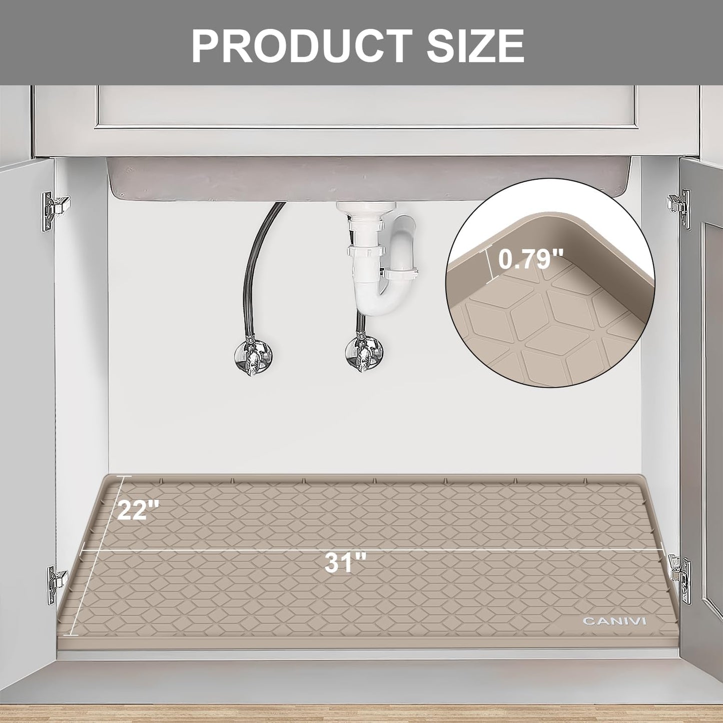 Under Sink Mat, 31" x 22" Waterproof Silicone Under Sink Tray for Kitchen & Laundry Cabinets, Kitchen Cabinet Shelf Protector, Up to 3.2 Gallons Liquid, Fits 36 inch Standard Cabinet(Apricot)