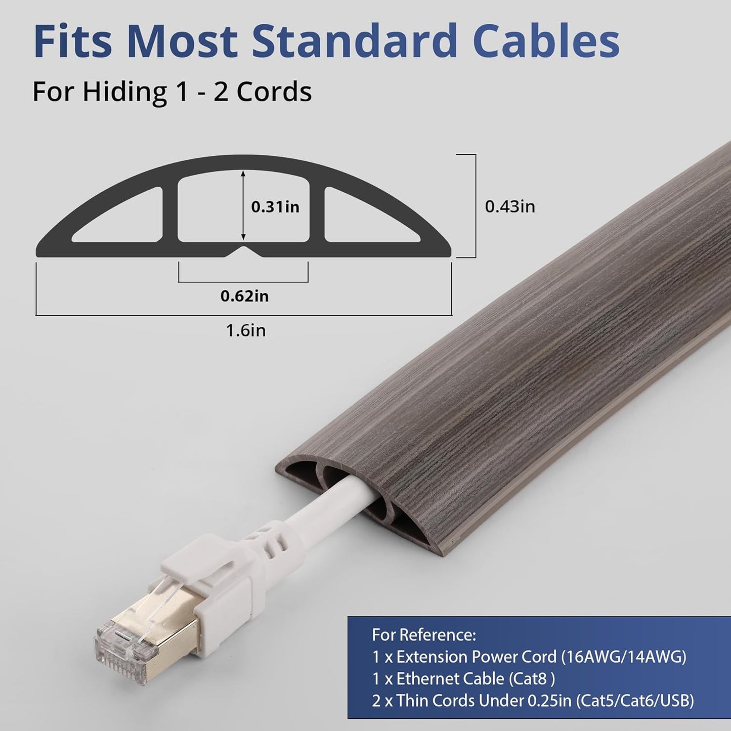 ZhiYo 5.6ft Cord Covers for Wires on Floor, Cord Hider Floor Hide Extension Cords, Soft PVC Cable Cover Cable Protector, Wire Cavity W0.62in H0.31in, Gray Oak Wood