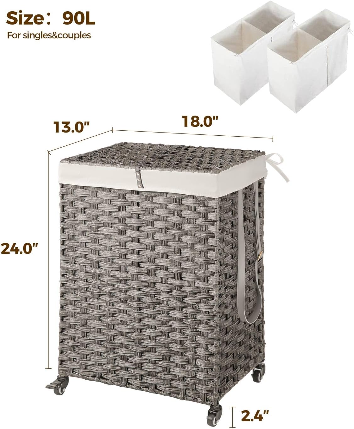 Greenstell Laundry Hamper with Wheels, No Install Needed, 90L Divided Handwoven Hampers & 2 Removable Liner Bags, Rattan Clothes Laundry Basket with Lid & Handles, Foldable Hampers Gray 18x13x26.4 In