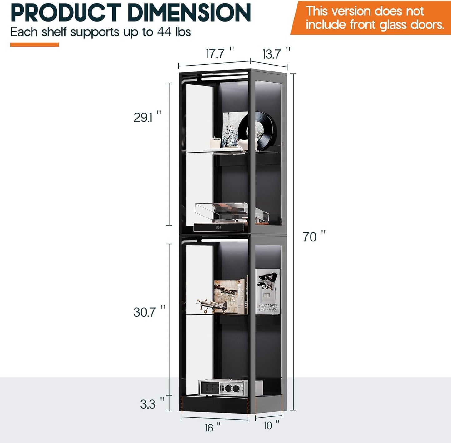 AMERLIFE RGB Display Cabinet with Adjustable Shelves, 4-Tier Storage Case with LED Lights, Modern Display Shelf for Collectibles, Black 70" H×18" L×14" D