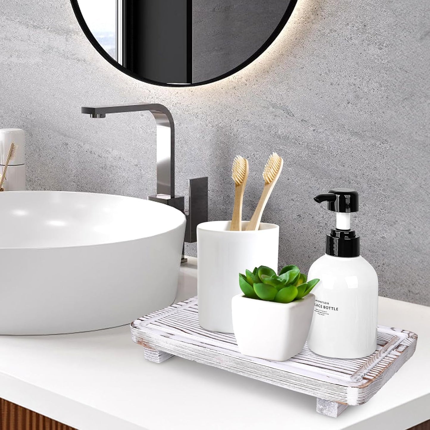 Rustic White Bathroom Counter Tray Kitchen Countertop Trays Decorative Wood Risers Display Pedestal Stand Wooden Riser Soap Dish Dispenser Holder for Bathroom Sink Accessories Kitchen Decor Tray