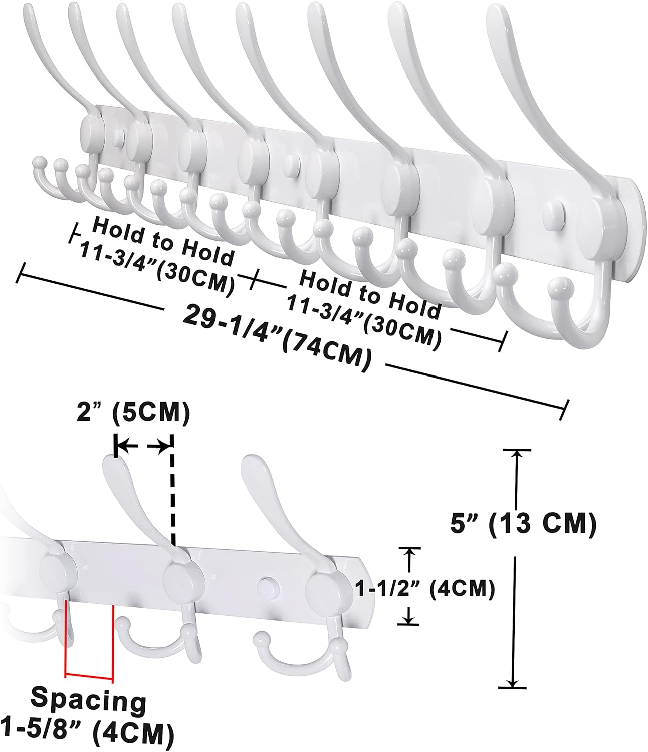 Dseap Coat Rack Wall Mount - 29.5” Long 8-Tri-Hooks Heavy Duty Coat Hanger Rail Wall Hooks for Hanging Coats Hats Clothing Clothes Purse Mudroom Entryway, White
