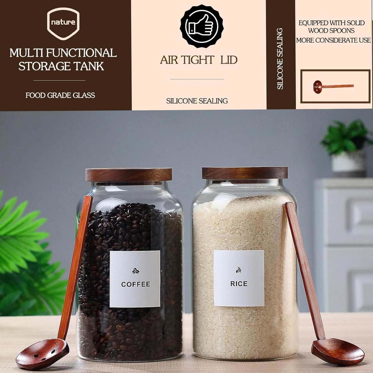 2 PCS Large Glass Jar with Airtight Wooden Lid Clear Glass Canisters with Spoon for Egg,Flour,Rice,Coffee,Cereal (2700ml × 2)