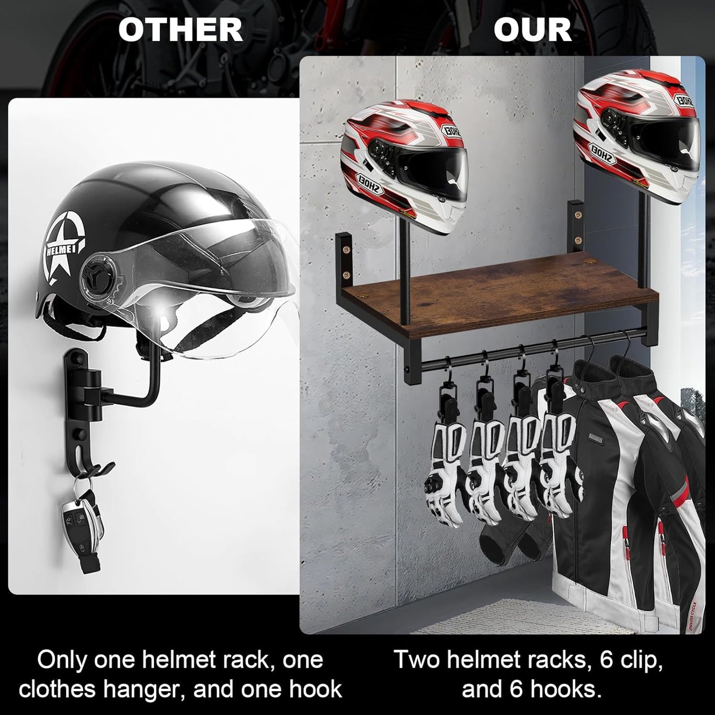 Motorcycle Helmet Rack Wall Mount, Helmet Holder with 6 Glove Chips& Hooks - Rustic Bike Helmets Storage Organizer, Universal Wall Mount for Helmets, Gear, Clothes, Motorcycle Accessories