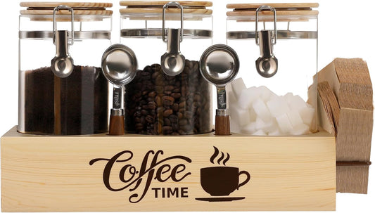 Glass Coffee Canister Set with Shelf & Spoons - 3 Piece Airtight Seal Coffee Bean Storage Containers & Filter Holder for Kitchen Organization